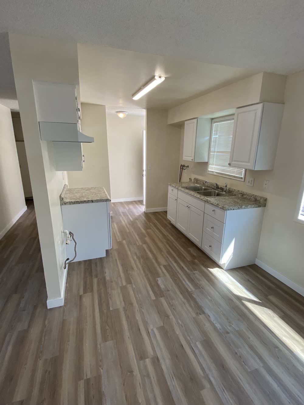 A finished kitchen with white cabinets, a speckled stone-look counter, a stainless double sink and a gray plank floor.