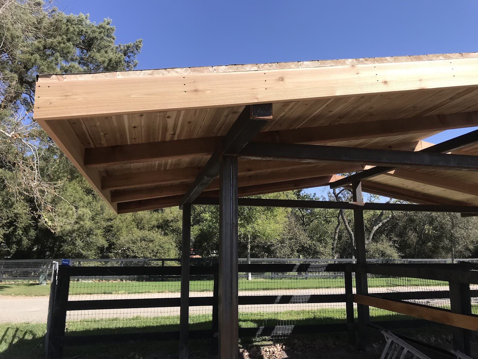 A shelter roof of fresh cedar boards on dark steel posts and beams, over a fenced grassy pasture under a blue sky.
